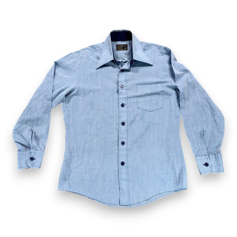 Vintage JCPenney Shirt Adult MEDIUM Blue Chambray Pocket Navy Trim Workwear 70s